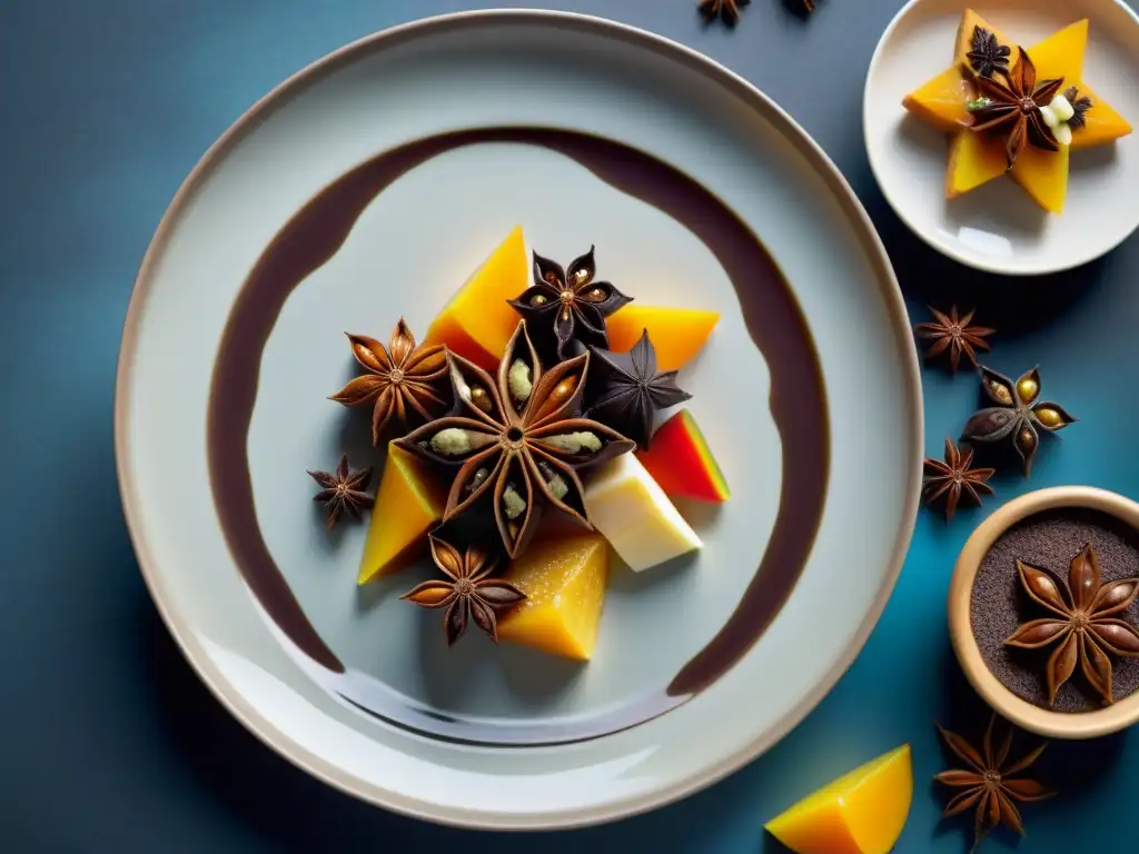 Delicioso festín con anís estelar: sabores y colores irresistibles Exquisita variedad de platos con anís estrellado: cookies, carne, ensalada y postre de chocolate, ¡una explosión de sabores y colores!