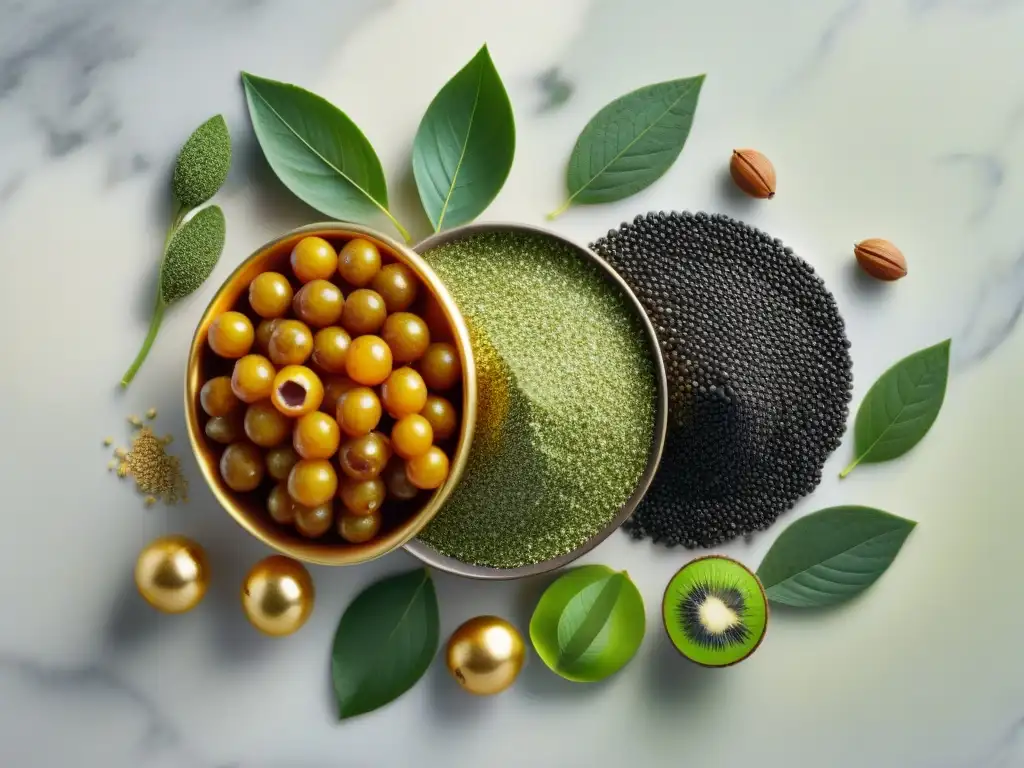 Una exquisita variedad de superalimentos gourmet sobre mármol, irradiando calidad y salud