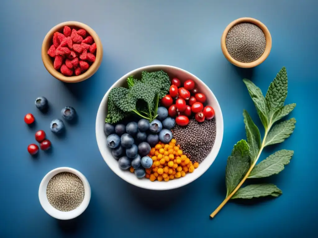 Una exquisita variedad de superfoods gourmet salud, con bayas, semillas y kale brillantes y coloridos en una cocina moderna