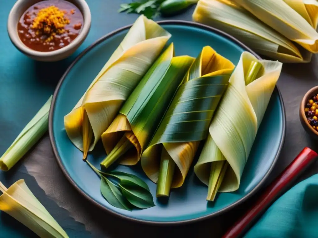 Una exquisita variedad de tamales prehispánicos gourmet, decorados con ingredientes vibrantes y exóticos