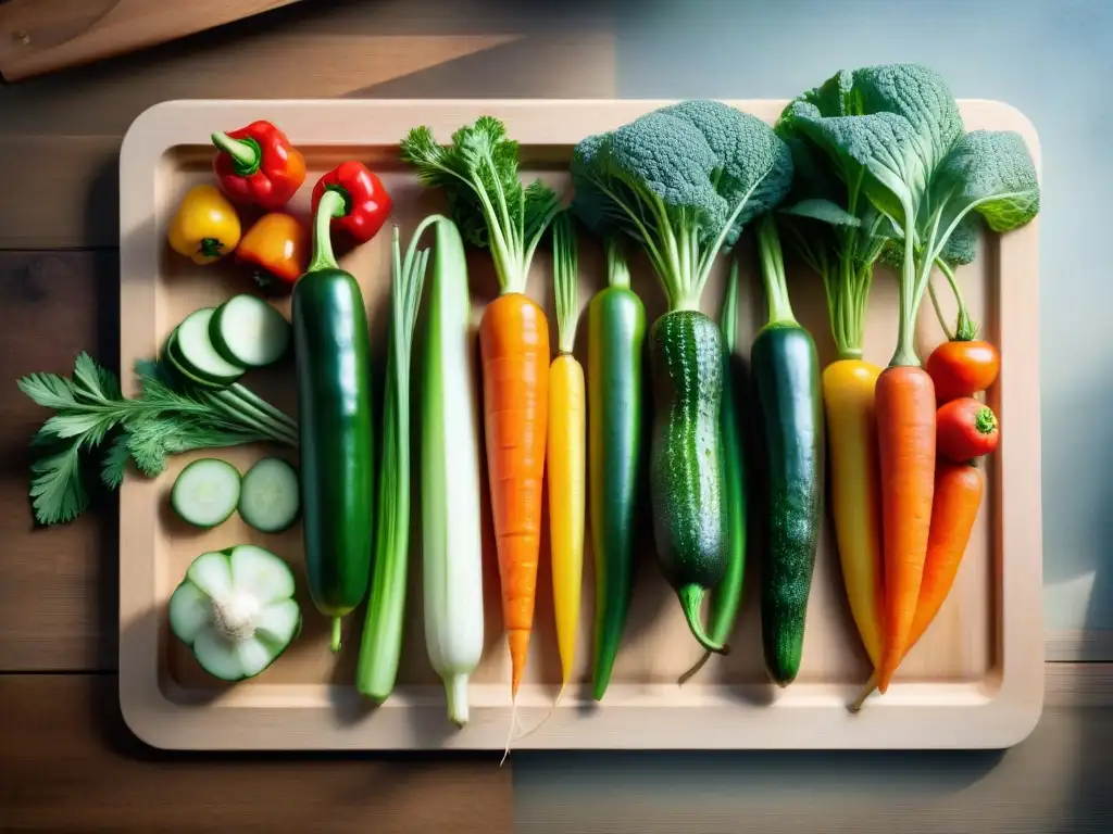 Exquisita variedad de vegetales, frutas y hierbas en tabla de cortar