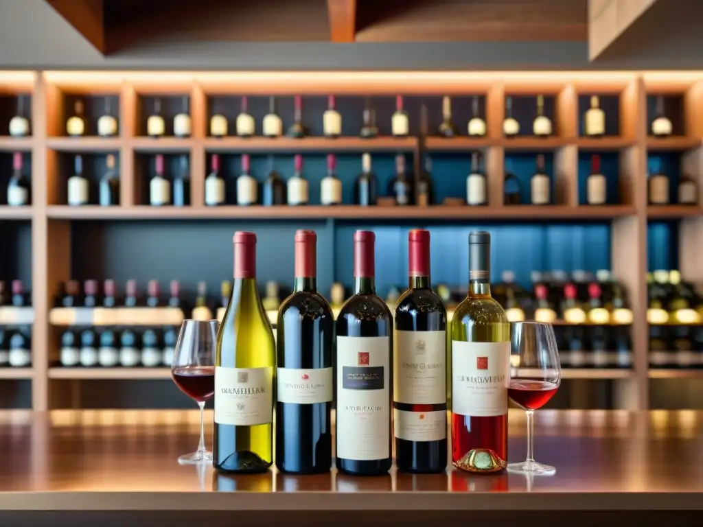 Una exquisita variedad de Vinos del Nuevo Mundo destacados en un elegante bar, con tintos vibrantes, blancos frescos y rosados ricos