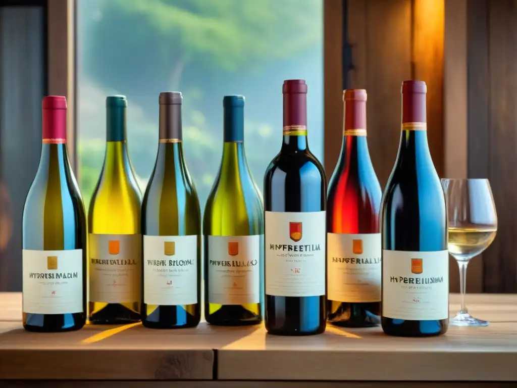 Una exquisita variedad de Vinos del Nuevo Mundo elegante y diversa, exhibidos en una mesa de madera rústica con detalle y color