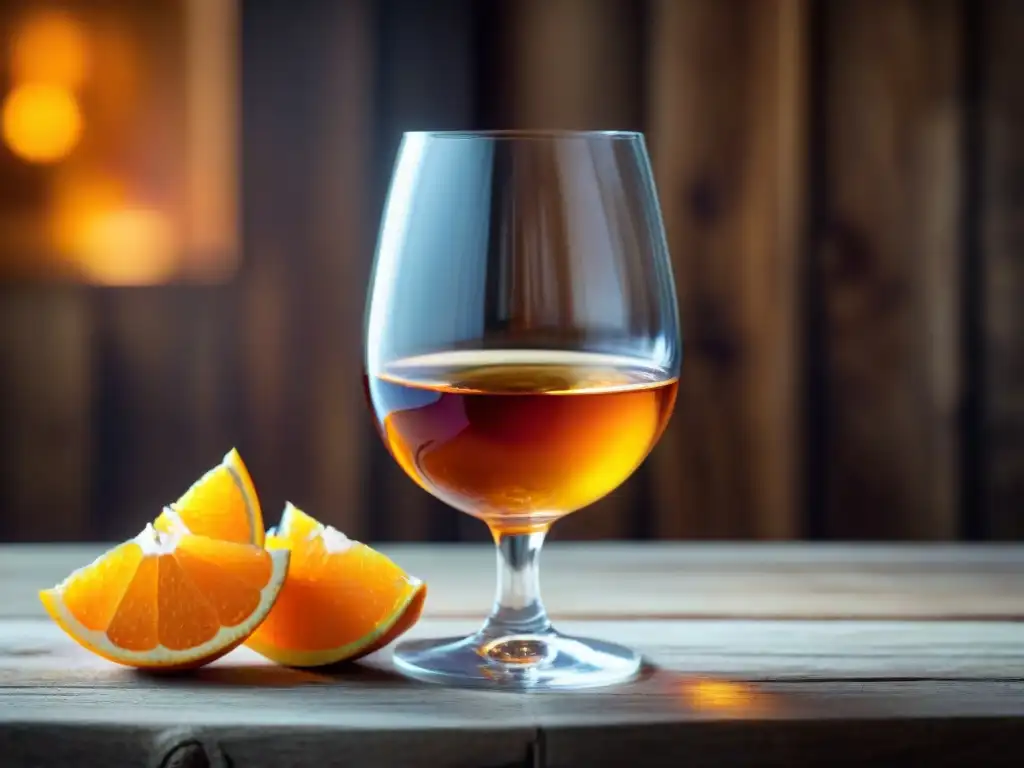 Exquisita copa de vino naranja en mesa de madera, reflejando sofisticación y elegancia