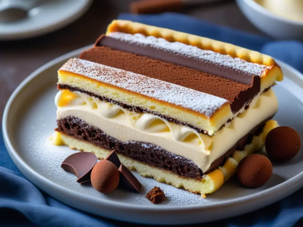 Una exquisita vista detallada del tiramisú italiano en plato de cerámica, con capas de bizcochos, crema de mascarpone y cacao