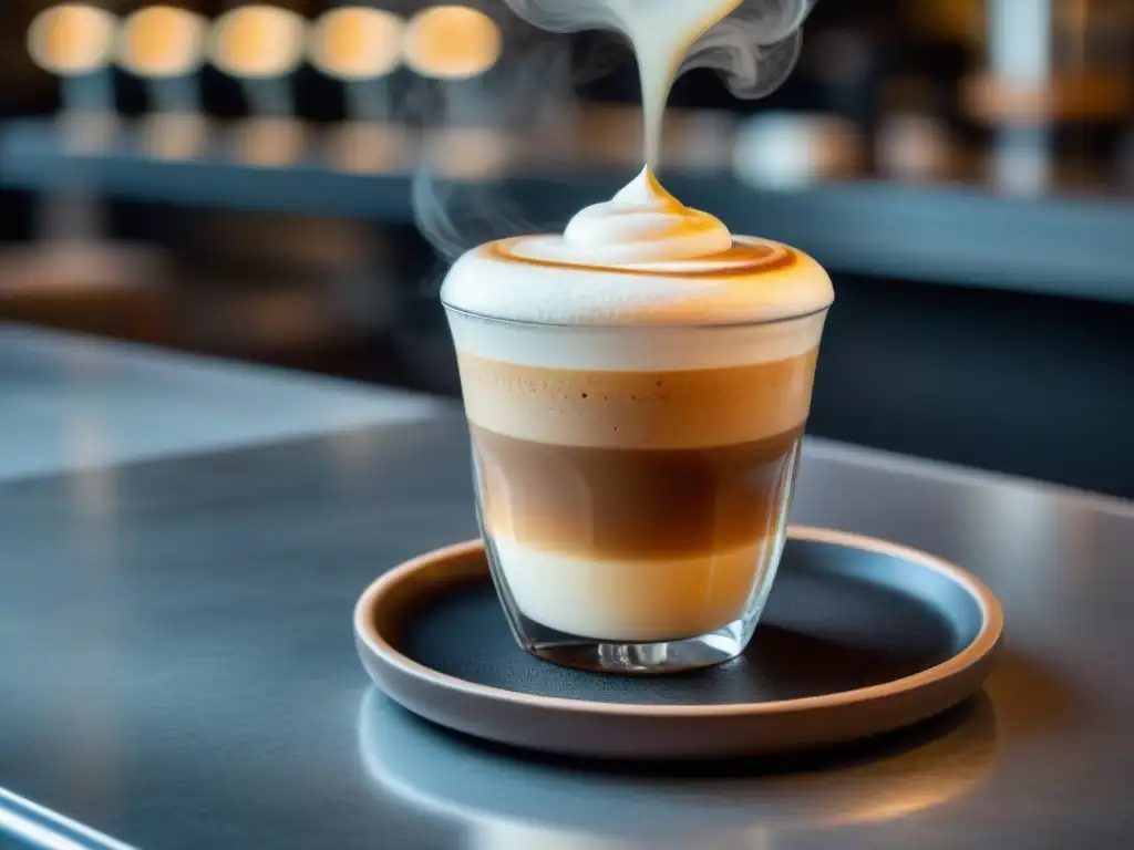 Tres exquisitas creaciones de café gourmet en una barra elegante: Macchiato, Latte y Cappuccino con arte latte artesanal