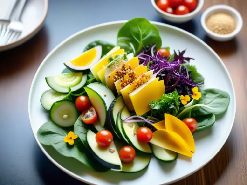 Exquisitas ensaladas asiáticas frescas gourmet en plato blanco moderno