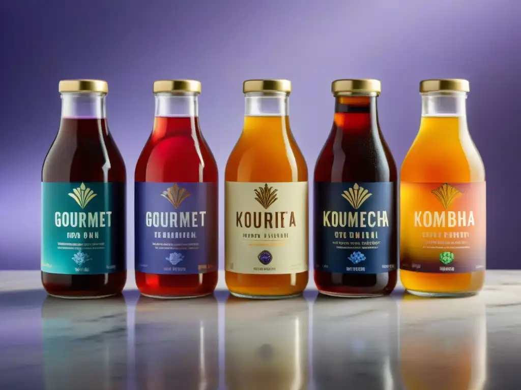 Exquisitas marcas de Kombucha gourmet recomendadas en elegantes botellas detalladas en mármol