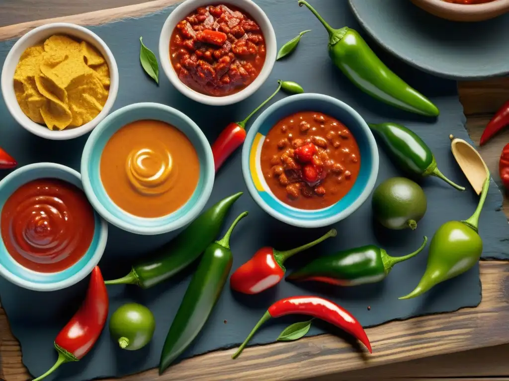 Una exquisitez de salsas mexicanas gourmet historia, colores vibrantes en cuencos de cerámica sobre mesa rústica