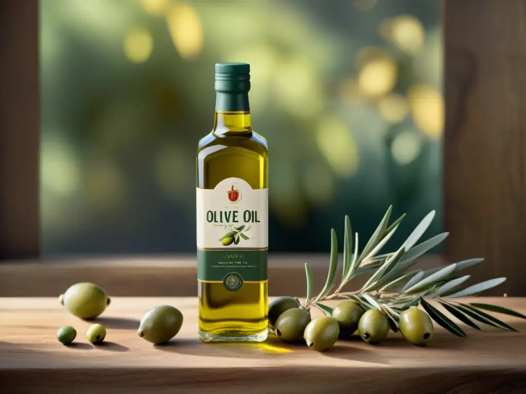 Un exquisito aceite de oliva gourmet premium junto a aceitunas frescas y romero, en una escena cálida y lujosa