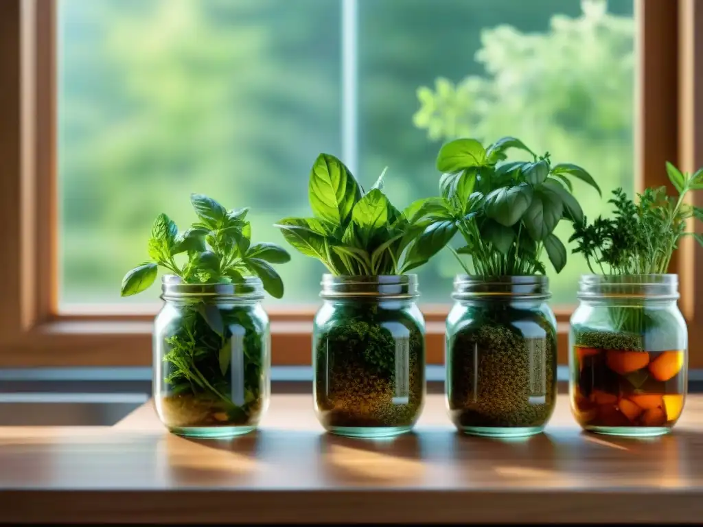 Encantadora cocina con hierbas frescas listas para fermentar Un exquisito arreglo de hierbas frescas en tarros de vidrio en una cocina moderna, listo para fermentar