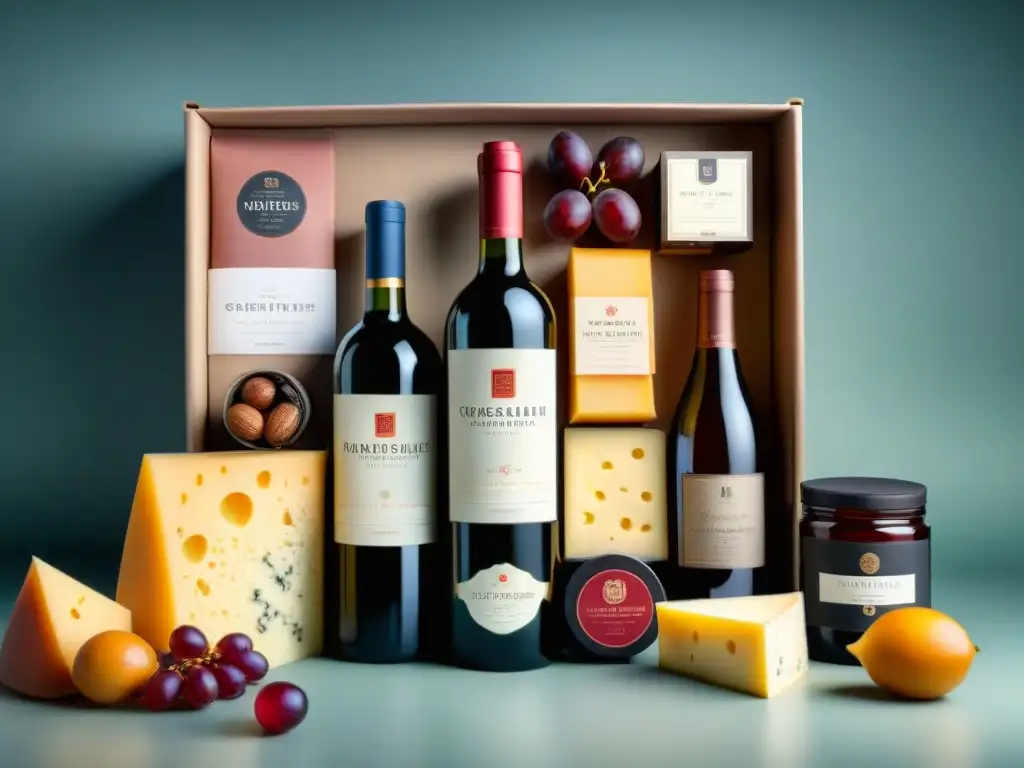 Un exquisito banquete de cajas de suscripción vino gourmet, con vinos, quesos, embutidos y chocolates