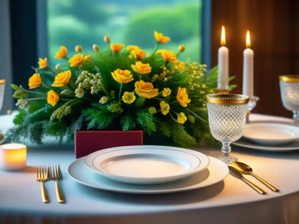 Un exquisito banquete gourmet en una elegante mesa, con cristalería fina y flores frescas, creando un ambiente lujoso