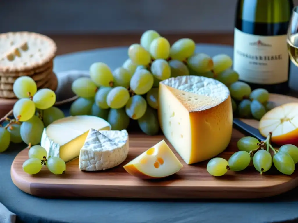 Un exquisito banquete gourmet con quesos de cabra, vinos blancos y uvas blancas en una tabla de madera