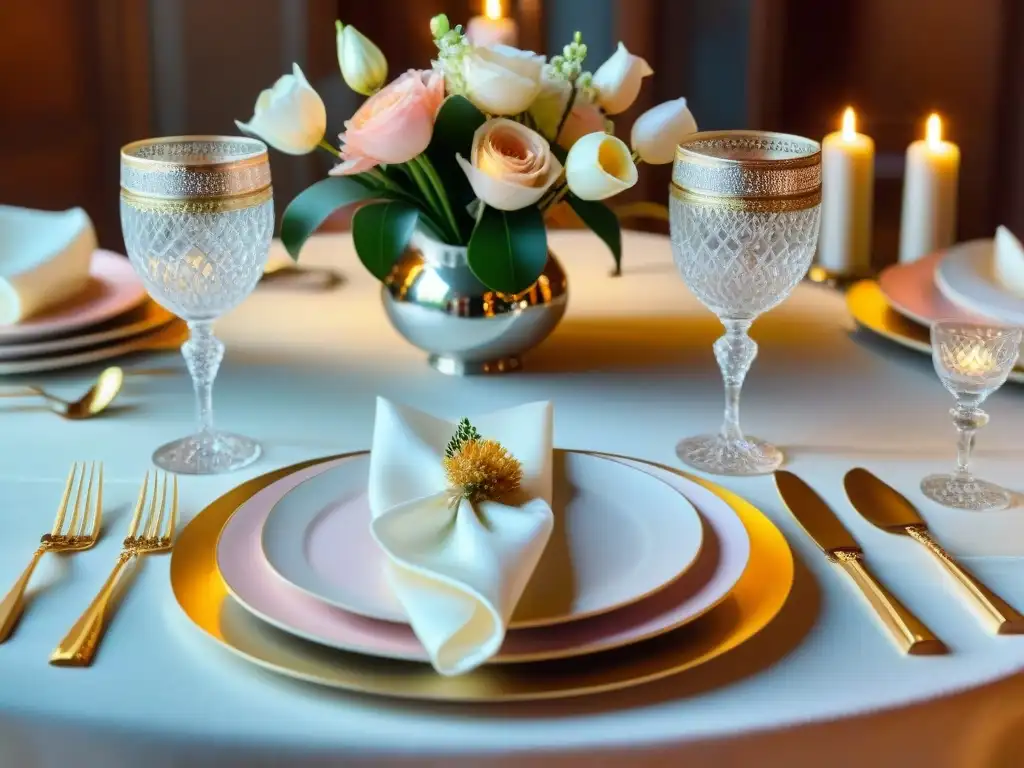 Un exquisito banquete con manteles de lujo para celebraciones, bordados en seda blanca y oro, cristalería chispeante y flores frescas