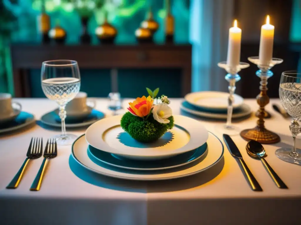 Mesa de comedor elegante con vajilla fina y cristalería Un exquisito banquete en una mesa elegante con vajilla gourmet perfecta plato elegir