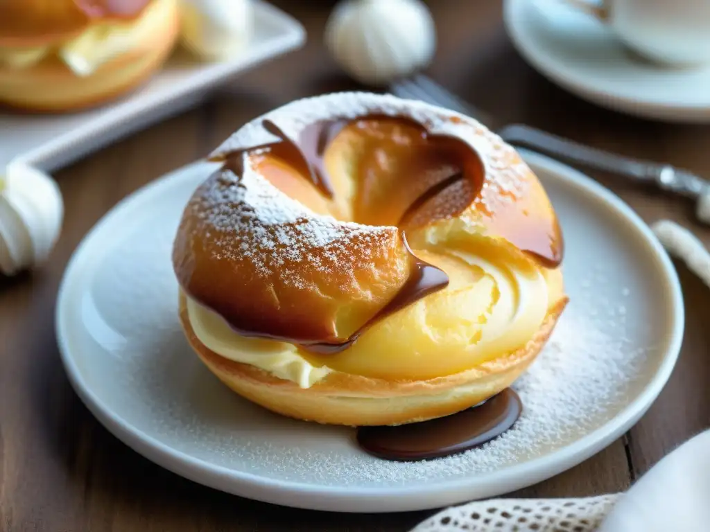 Un exquisito banquete de placeres franceses choux à la crème, con crema de vainilla y ganache de chocolate, en una elegante vajilla blanca