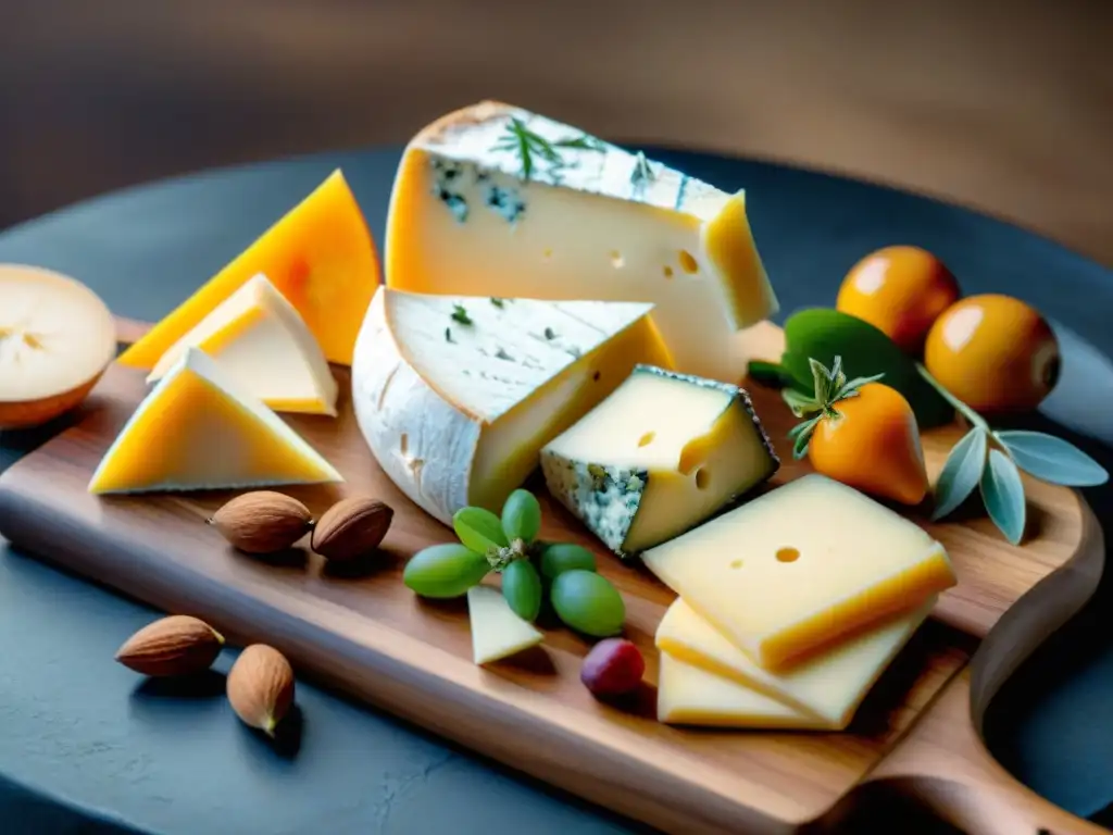 Un exquisito banquete de quesos europeos gourmet codiciados en una tabla de madera rústica