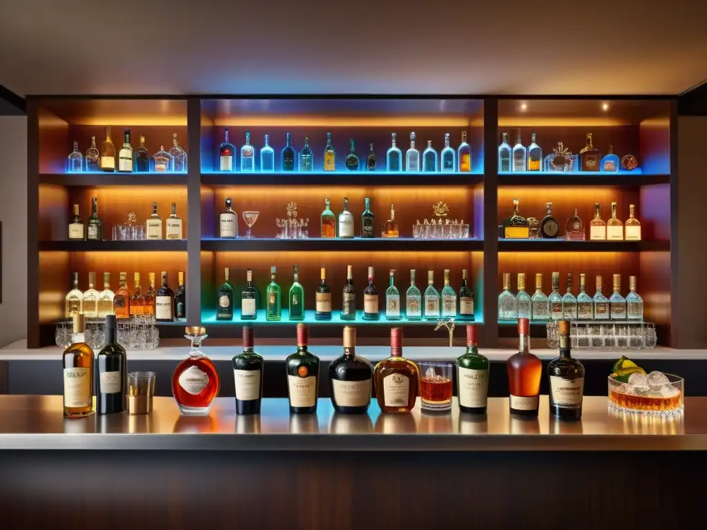 Bar de lujo con licores exóticos: detallado y realista Exquisito bar de madera con licores exóticos inusuales degustar gourmet en ambiente lujoso