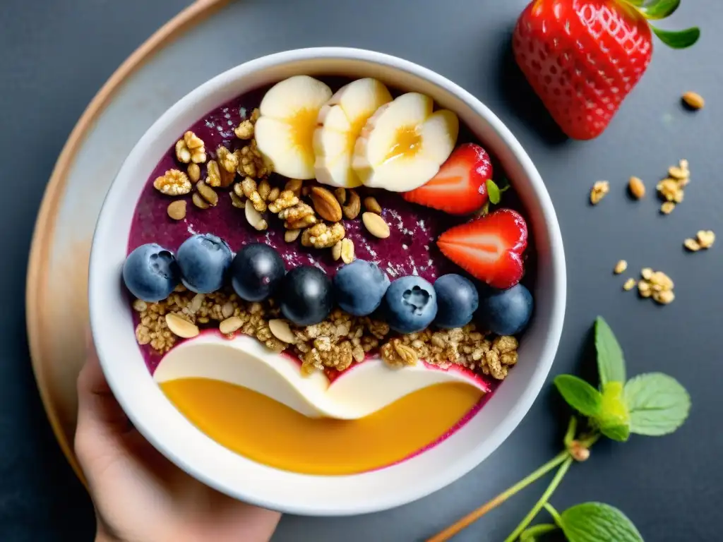 Un exquisito bol de açai con fresas, chía, granola y miel, sobre negro