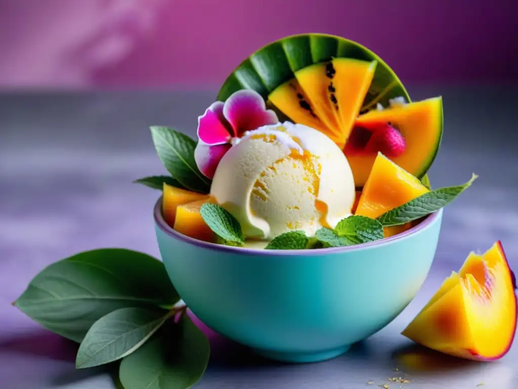 Un exquisito bol de helado con frutas tropicales: helados de pitahaya, lichi y maracuyá, decorado con hojas de menta y flores comestibles