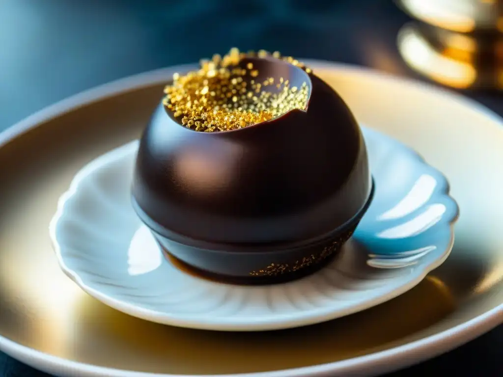 Un exquisito bombón de chocolate negro, decorado con hojuelas doradas, sobre una elegante platillo de porcelana