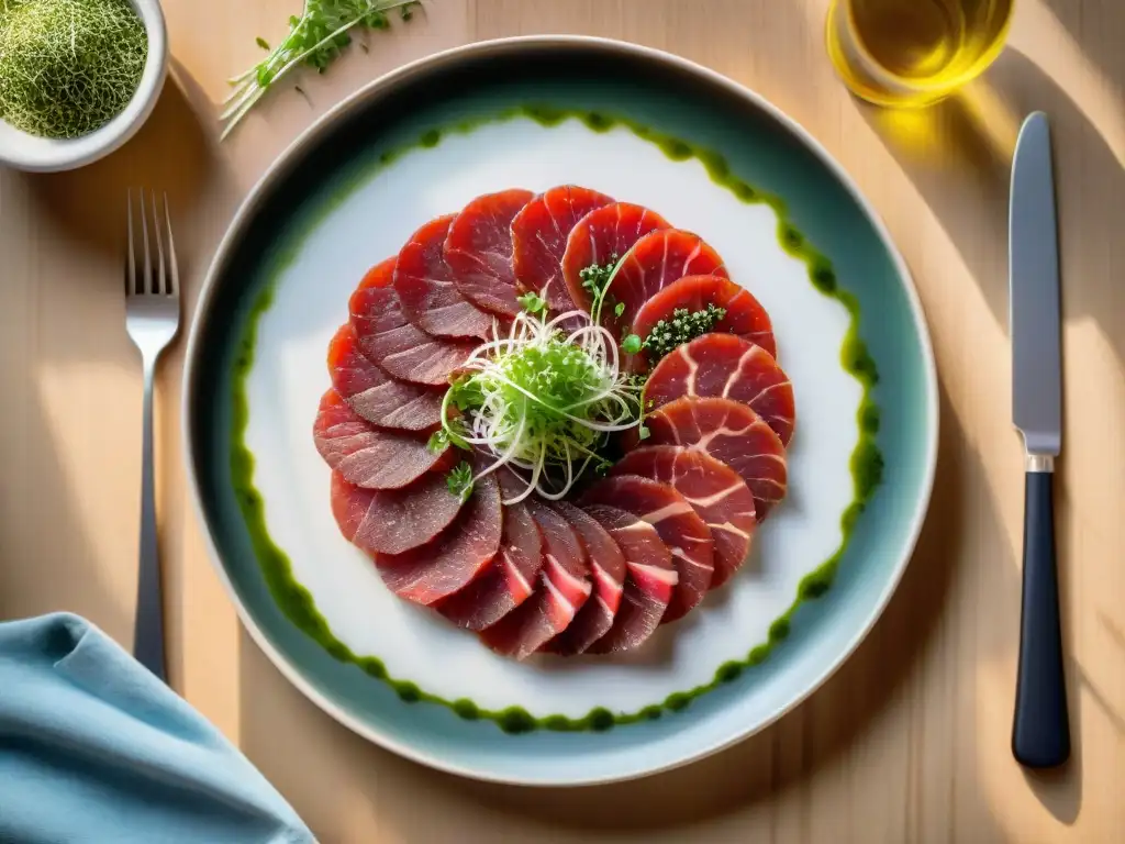 Exquisito carpaccio de carne roja en plato blanco sobre mesa de madera