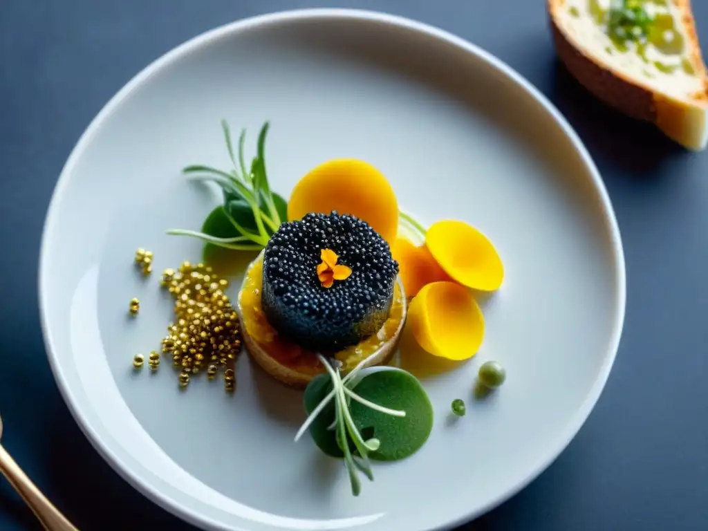 Exquisito caviar vegetal gourmet en lecho de mousse de aguacate, con hoja de oro comestible y crostinis de trufa