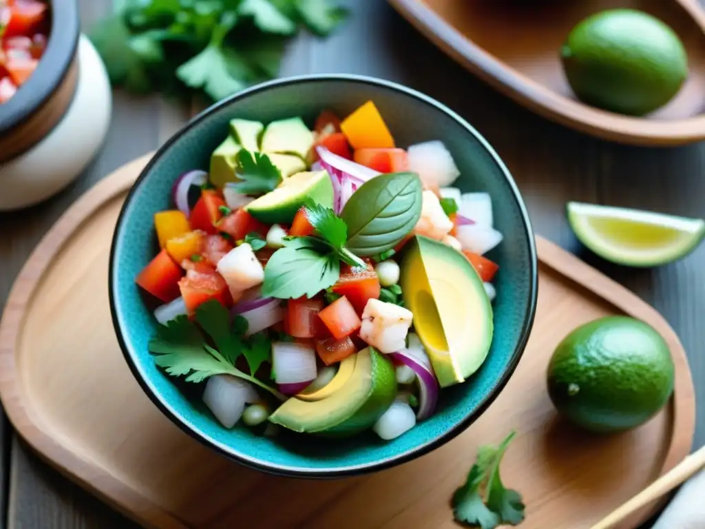 Un exquisito ceviche gourmet mexicano fusionado con colores vibrantes, presentado con elegancia