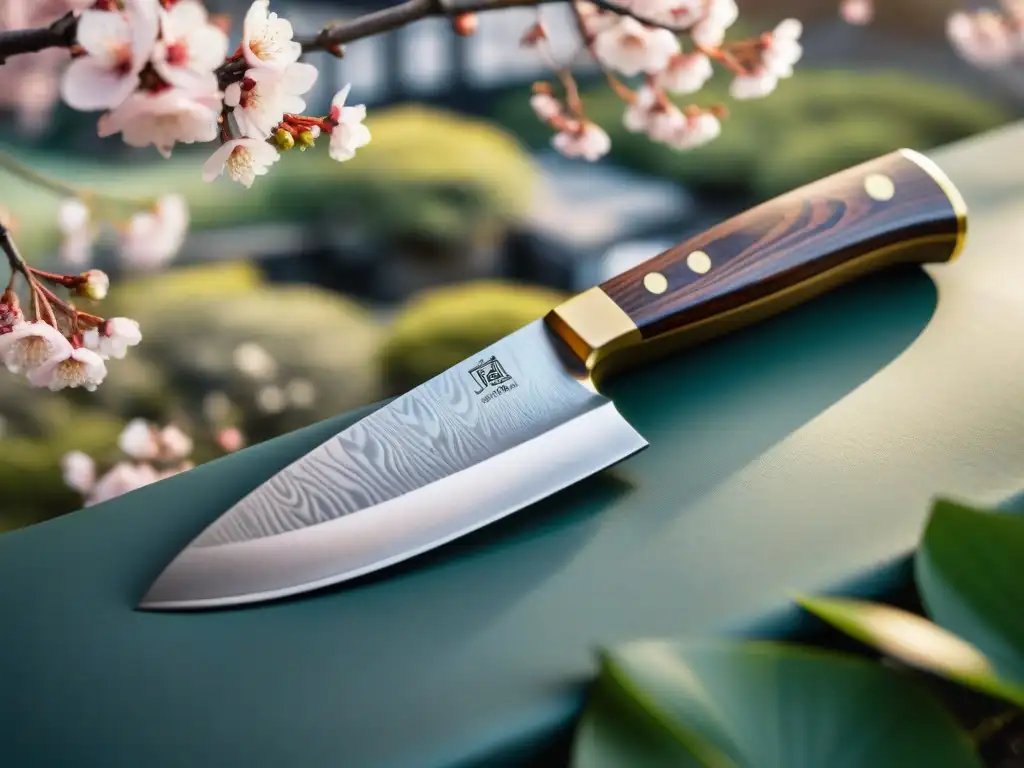 Exquisito cuchillo japonés Santoku en jardín de cerezos en flor