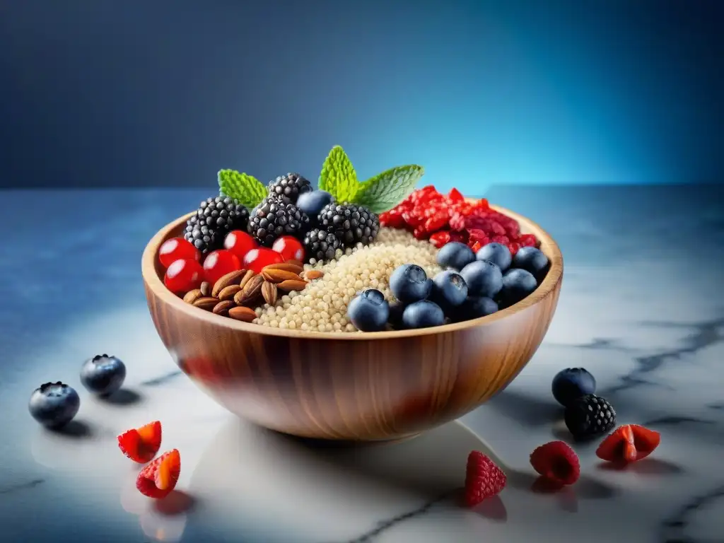 Un exquisito cuenco de superfoods gourmet con beneficios saludables, resaltando frescura y vitalidad