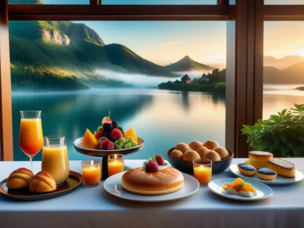 Un exquisito desayuno gourmet en un hotel internacional con vista al lago al amanecer