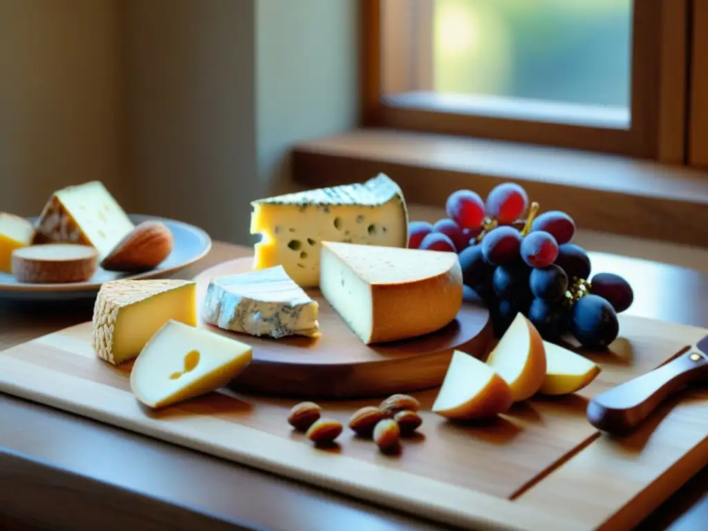 Un exquisito desayuno gourmet con quesos europeos, uvas, higos y crackers, bañados por la cálida luz de la mañana