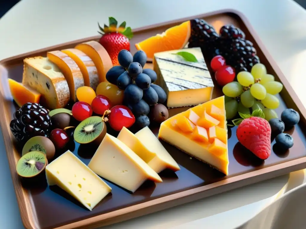 Un exquisito y detallado plato gourmet con frutas coloridas, chocolates decadentes, quesos artesanales y pan recién horneado