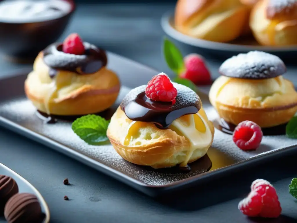 Un exquisito y detallado tray de profiteroles recién horneados, glaseados y adornados con chocolate, frambuesas y menta