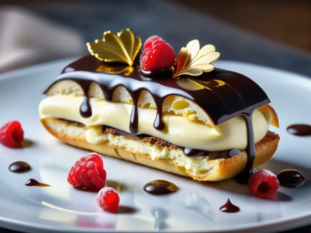 Exquisito eclair gourmet de París en mesa de mármol con chocolate brillante, hoja de oro y frambuesas frescas