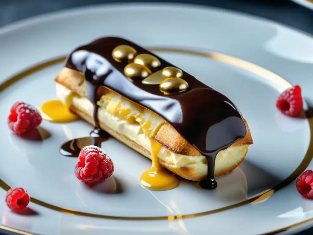 Un exquisito eclair gourmet de París en una mesa, con glaseado de chocolate brillante, hoja de oro y frambuesas frescas