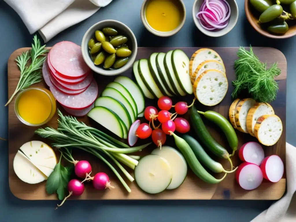 Un exquisito encurtido gourmet para elegir platos, con vegetales encurtidos vibrantes y una presentación elegante