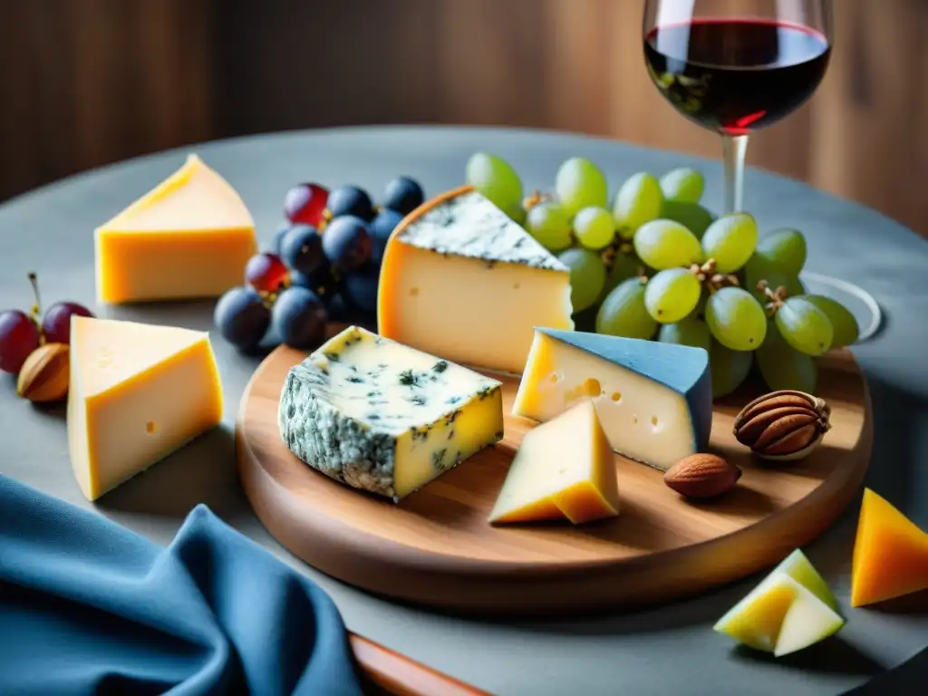 Un exquisito equilibrio entre quesos salados y vinos dulces en una tabla de madera finamente decorada