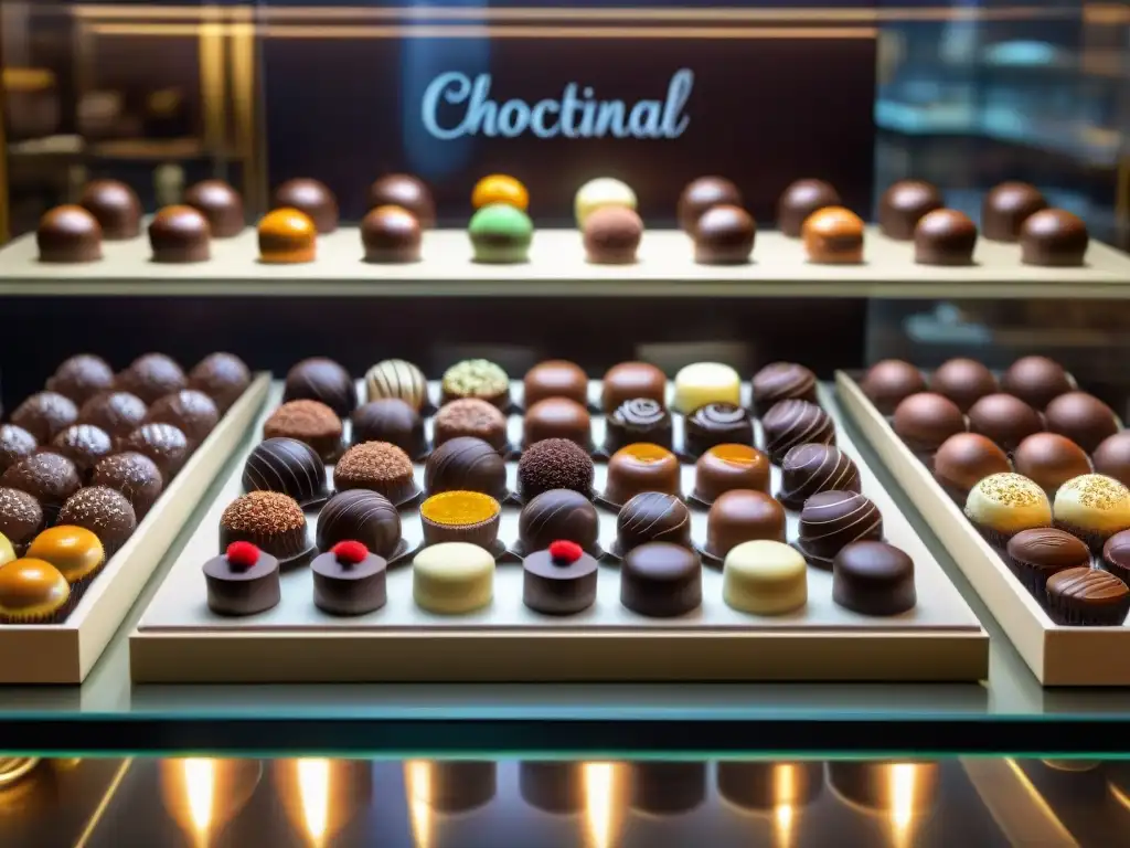 Un exquisito escaparate de chocolates artesanales edición limitada gourmet en una lujosa tienda de chocolate