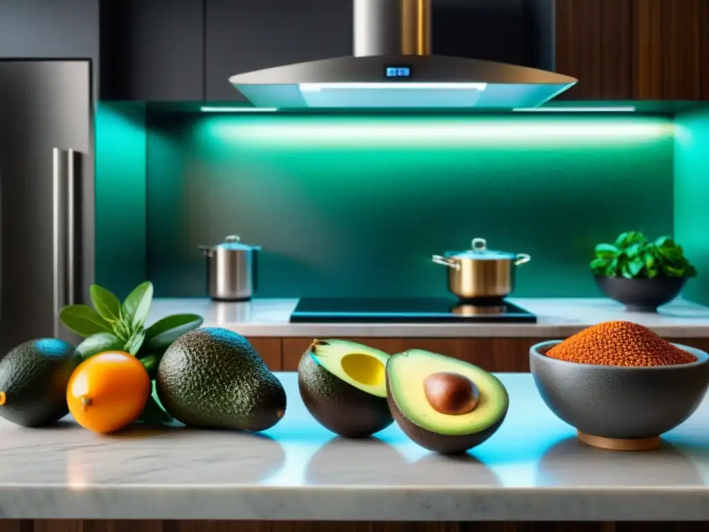 Un exquisito escenario de cocina de alta gama con superalimentos mexicanos vibrantes como aguacates, semillas de chía y cacao