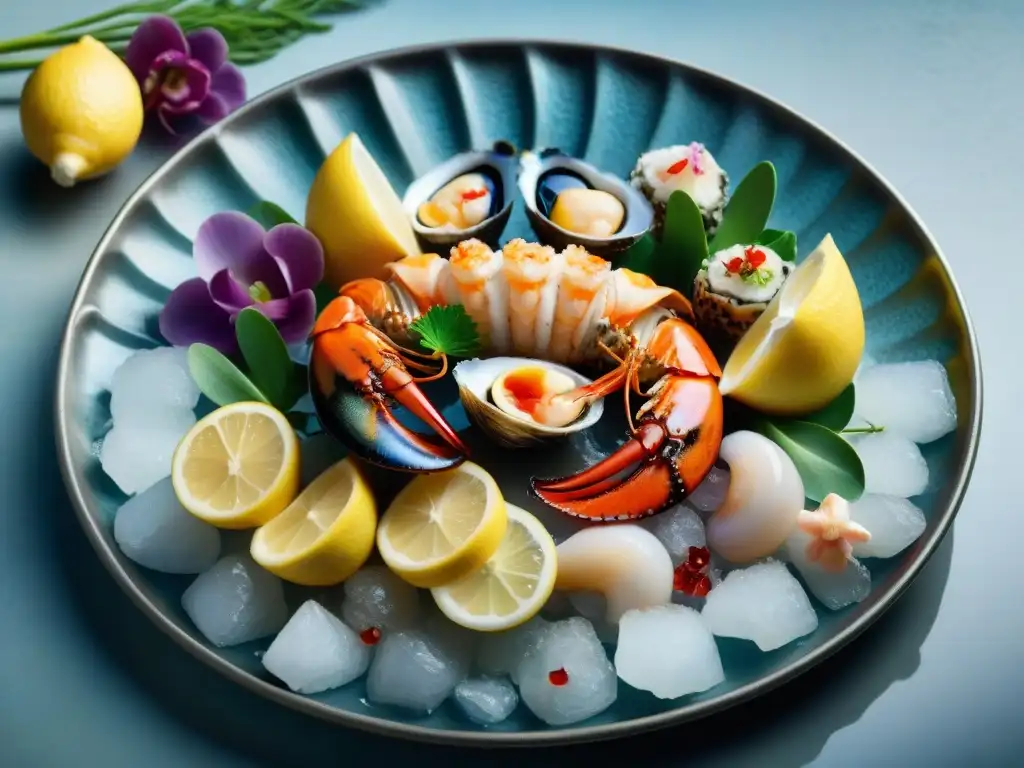 Un exquisito festín de mariscos exóticos gourmet en un elegante plato de plata, perfecto para recetas mariscos exóticos gourmet