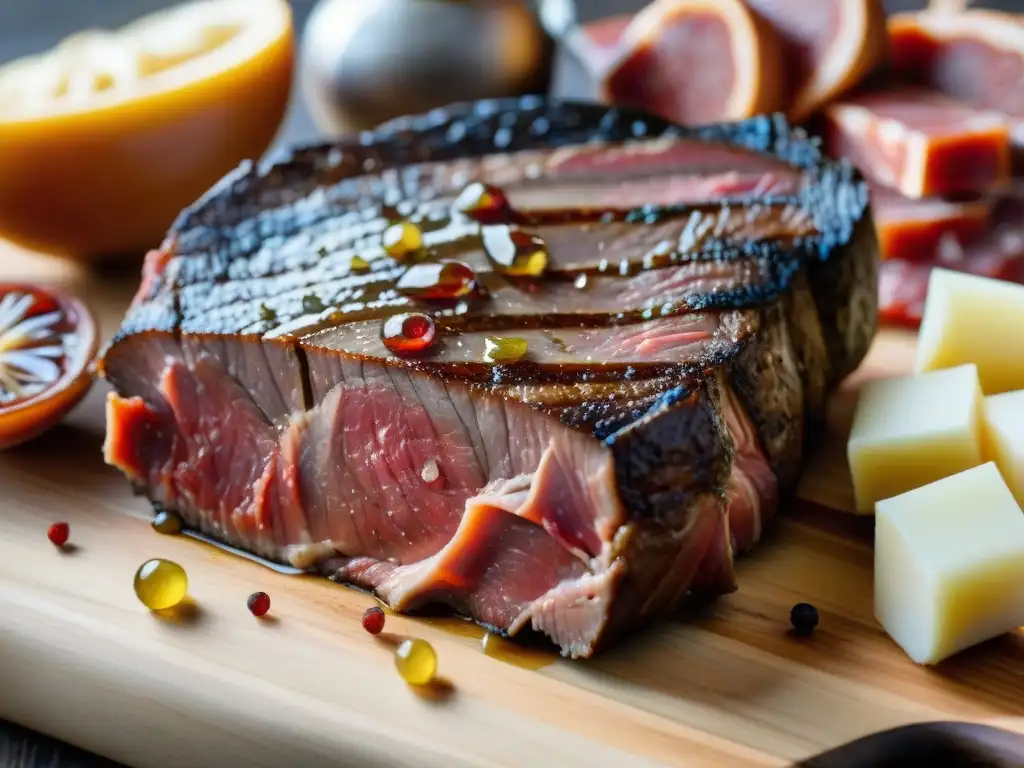 Un exquisito filete sellado con toque umami en charcutería, rodeado de embutidos en tabla de madera rústica