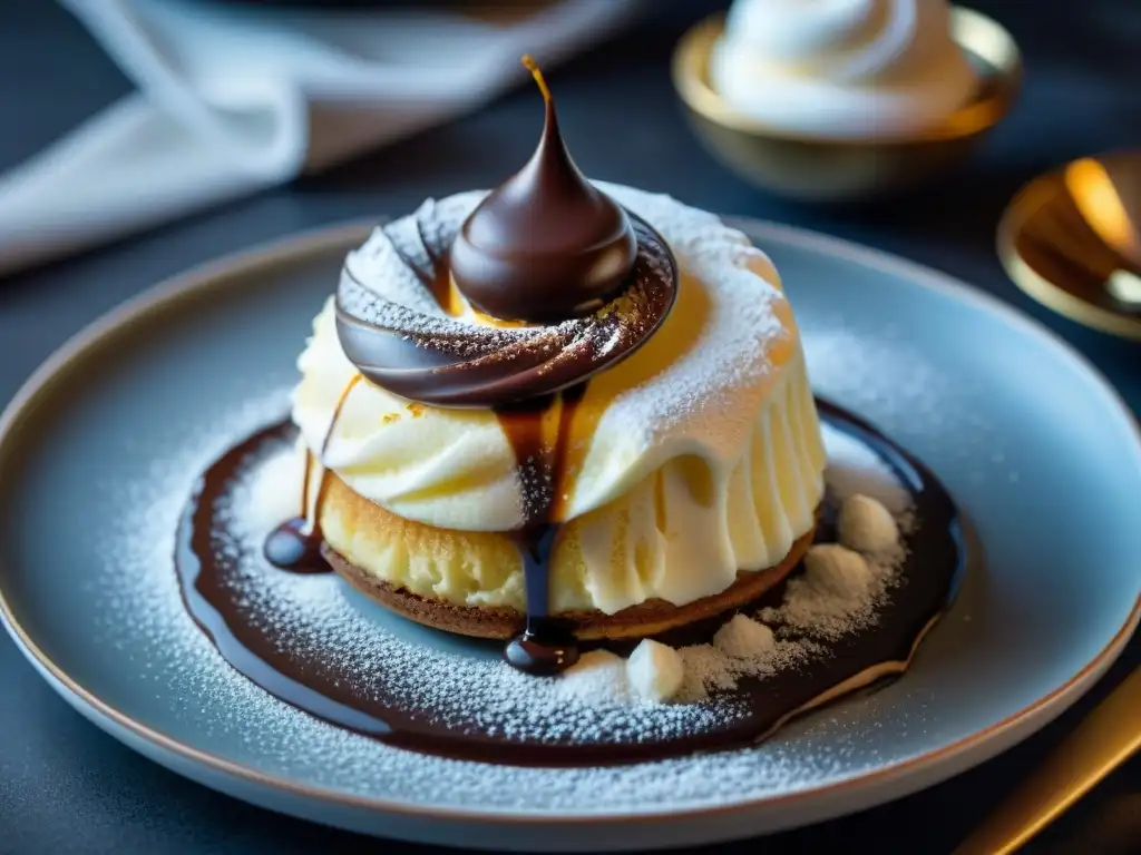 Exquisito Mont Blanc pastelería gourmet en elegante plato, con crema de castañas y merengue dorado