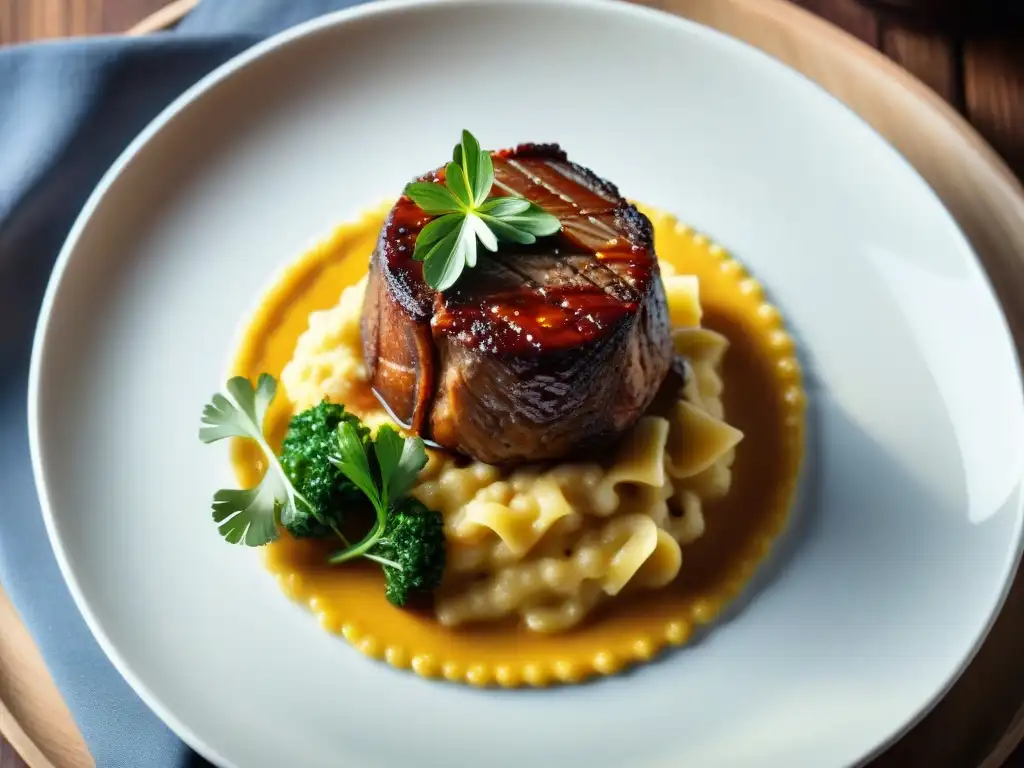 Un exquisito ossobuco milanés gourmet en una presentación elegante con risotto de azafrán y vino tinto