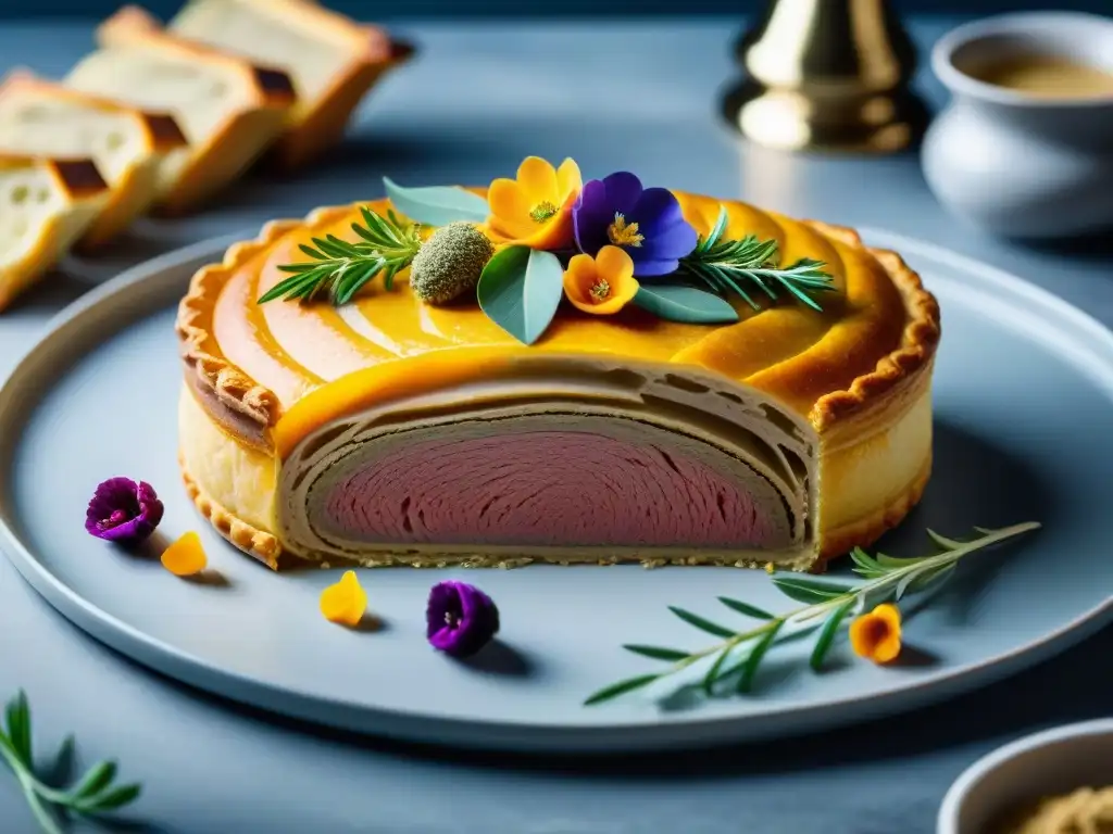 Exquisito pâté en croûte gourmet receta, una obra maestra culinaria detallada y sofisticada en una elegante presentación