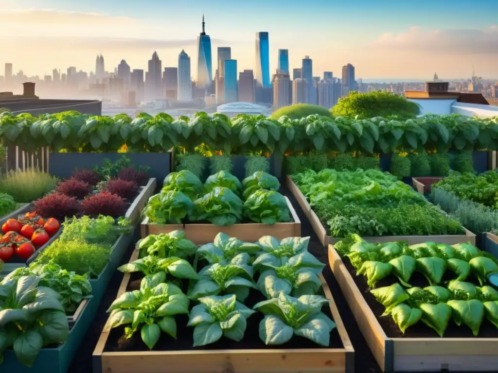 Un exquisito huerto urbano gourmet con diseño práctico, rebosante de vegetales y hierbas coloridas bajo la cálida luz del sol