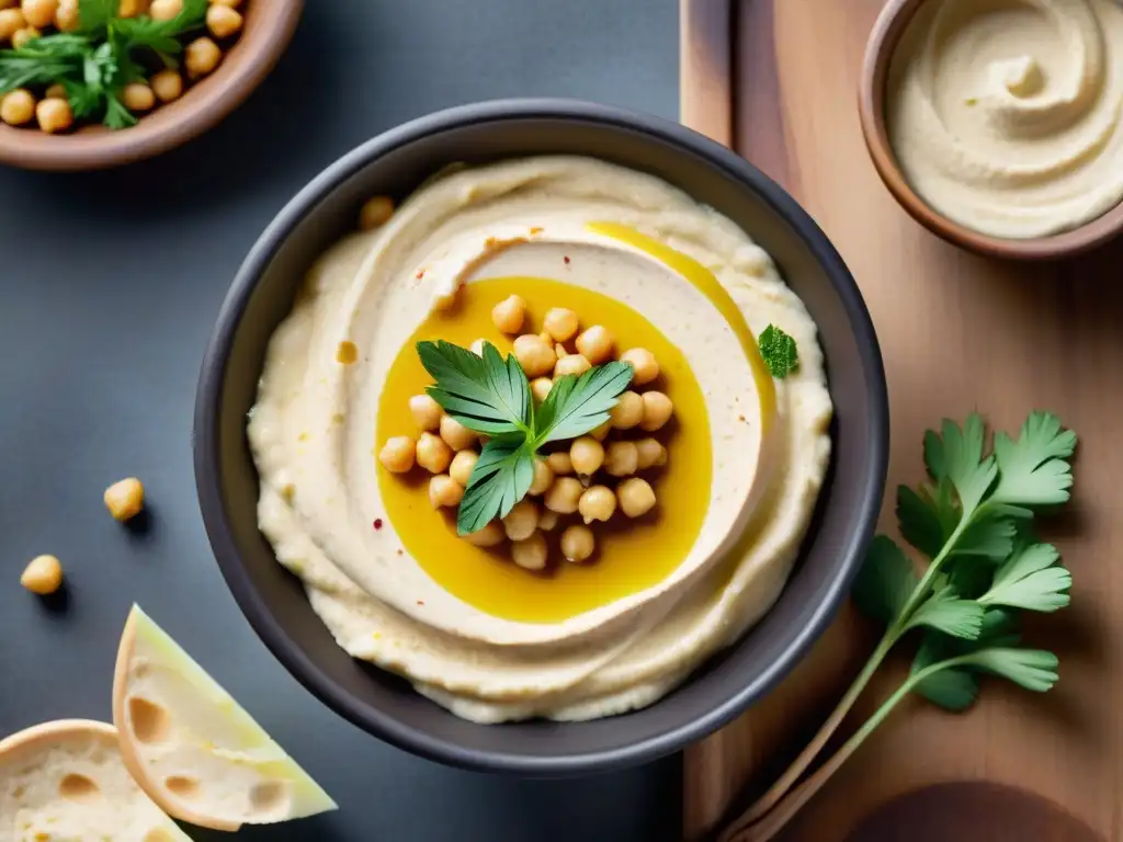 Un exquisito hummus gourmet con secretos verdadero, adornado con aceite de oliva dorado, sumac, garbanzos y perejil fresco