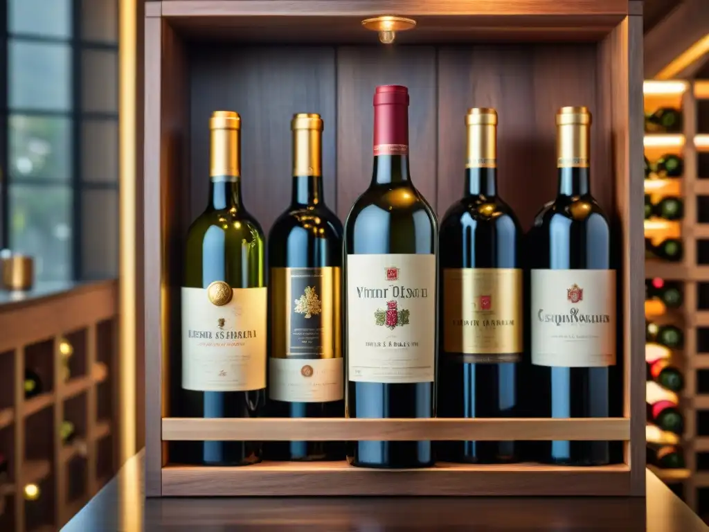 Caja de vino de lujo con vinos premium y detalles dorados Exquisito y lujoso: cajas de suscripción vinos gourmet en una bodega elegante y sofisticada