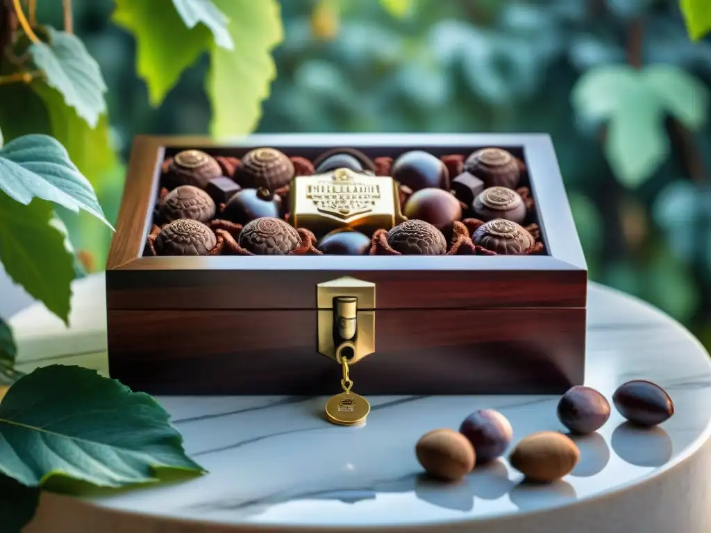 Exquisito maridaje: caja de madera lujosa con vinos y chocolates premium sobre mármol, cacao y uvas